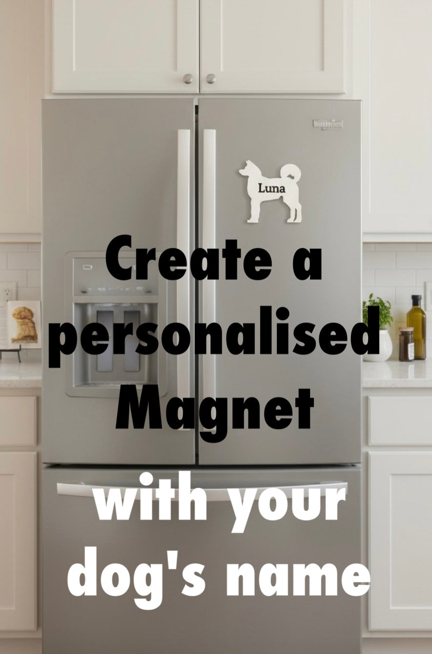 Akita 3D Printed Dog Magnet. Gray refrigerator with a Akita dog magnet labeled 'Luna' in a kitchen setting.