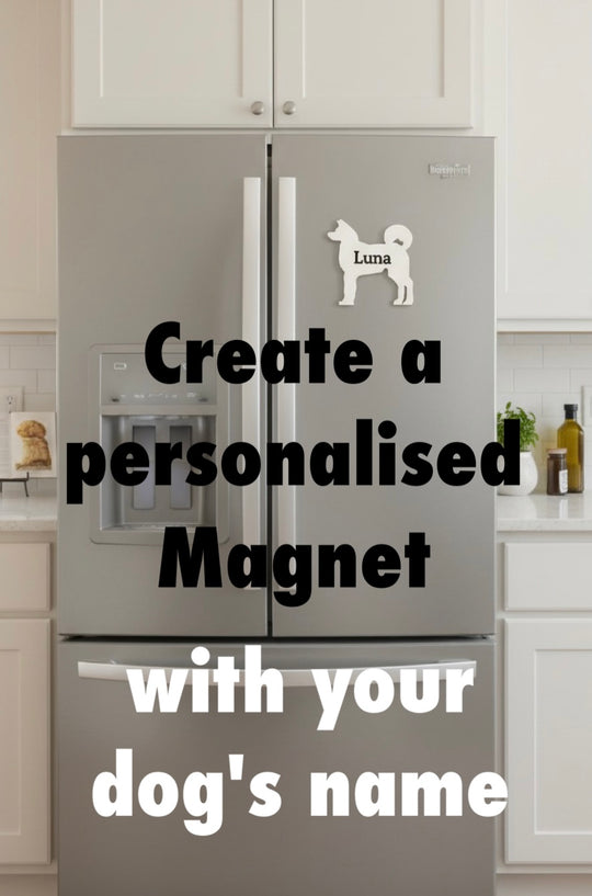 Akita 3D Printed Dog Magnet. Gray refrigerator with a Akita dog magnet labeled 'Luna' in a kitchen setting.