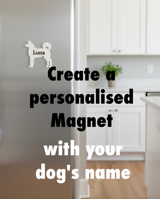 Akita 3D Printed Dog Magnet. Kitchen interior with a personalized dog magnet on a refrigerator door, text overlay promoting customization.