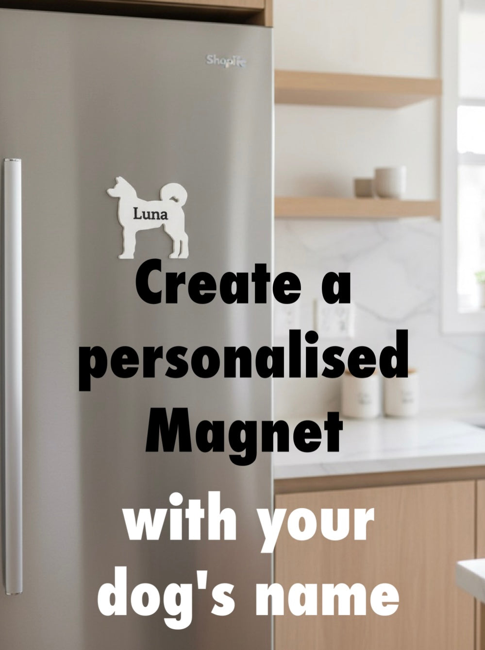 Akita 3D Printed Dog Magnet. Fridge with a personalised magnet of a Akita dog and text 'Create a personalised Magnet with your dog's name' in a kitchen setting.