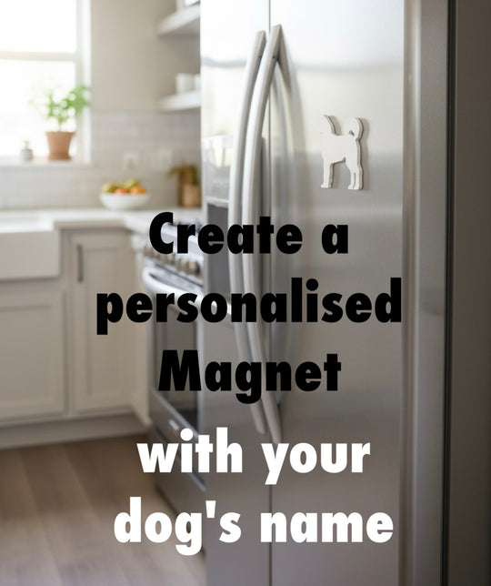 Akita 3D Printed Dog Magnet. Stainless steel refrigerator with a Akita dog  magnet in a kitchen setting, text overlay promoting a personalized magnet service.