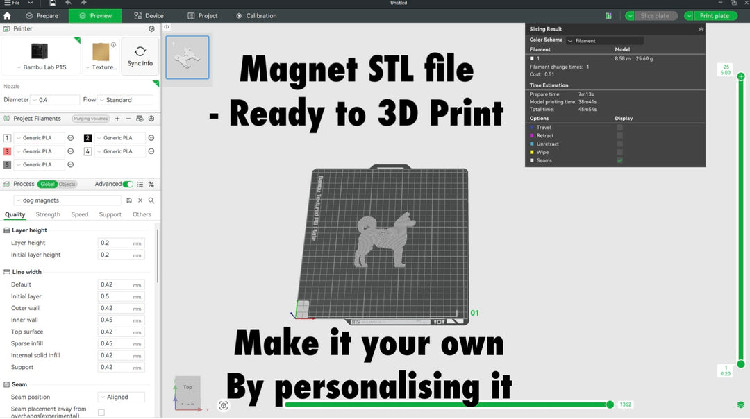 Akita Magnet STL File For 3D Printing. 3D printing software interface with a Akita dog model on a grid, text indicating STL file readiness for 3D printing.