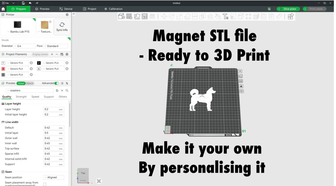 Akita Magnet STL File For 3D Printing. 3D printing software interface with a Akita dog design on a gray background