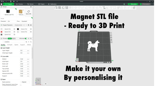 Akita Magnet STL File For 3D Printing. 3D printing software interface with a Akita dog design on a gray background