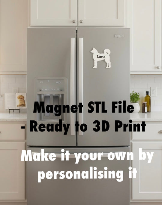 Akita Magnet STL File For 3D Printing. Gray refrigerator with a white Akita dog magnet labeled 'Luna' in a kitchen setting.