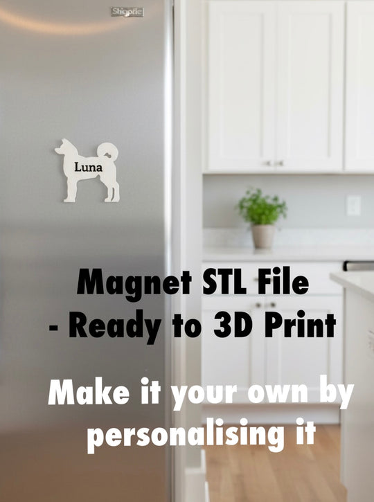 Akita Magnet STL File For 3D Printing. Magnet STL file advertisement with a Akita dog on a kitchen wall.
