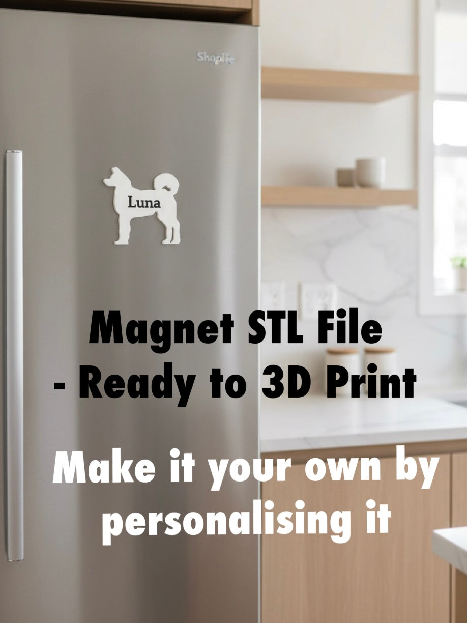 Akita Magnet STL File For 3D Printing. Fridge with a Akita dog magnet labeled 'Luna' in a kitchen setting, with text about a 3D print magnet file.