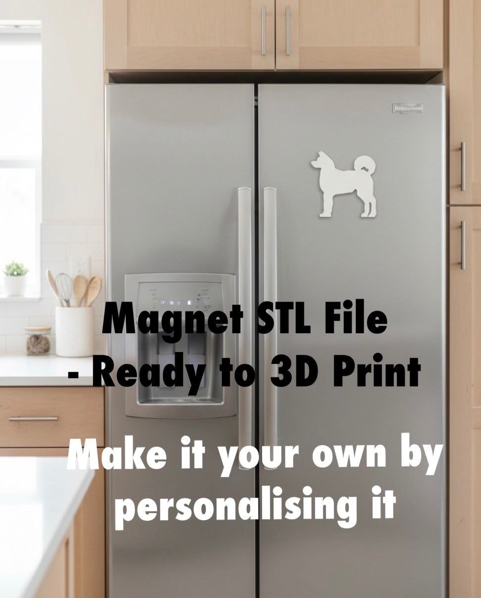 Akita Magnet STL File For 3D Printing. Stainless steel refrigerator with a Akita dog magnet in a kitchen setting, text overlay about STL file and 3D printing.