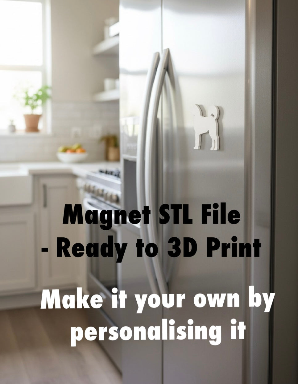 Akita Magnet STL File For 3D Printing. Stainless steel refrigerator with a Akita dog magnet in a kitchen setting, text overlay about Magnet STL file availability.
