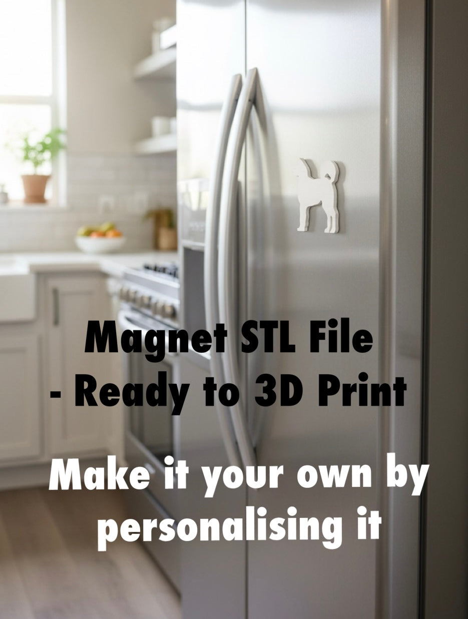 Akita Magnet STL File For 3D Printing. Stainless steel refrigerator with a Akita dog magnet in a kitchen setting, text overlay about Magnet STL file availability.