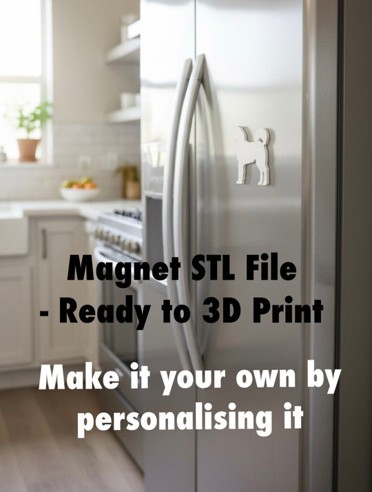 Akita Magnet STL File For 3D Printing. Stainless steel refrigerator with a Akita dog magnet in a kitchen setting, text overlay about Magnet STL file availability.