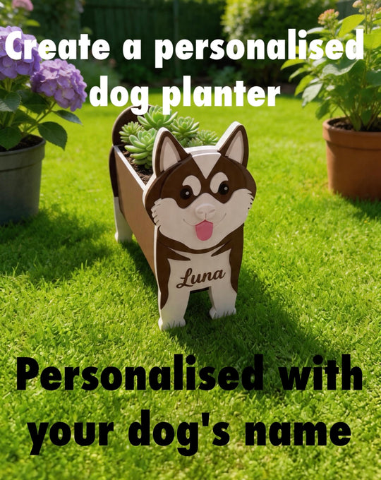 Akita 3D Printed Dog Planter. Akita dog planter with 'Luna' on a grassy background