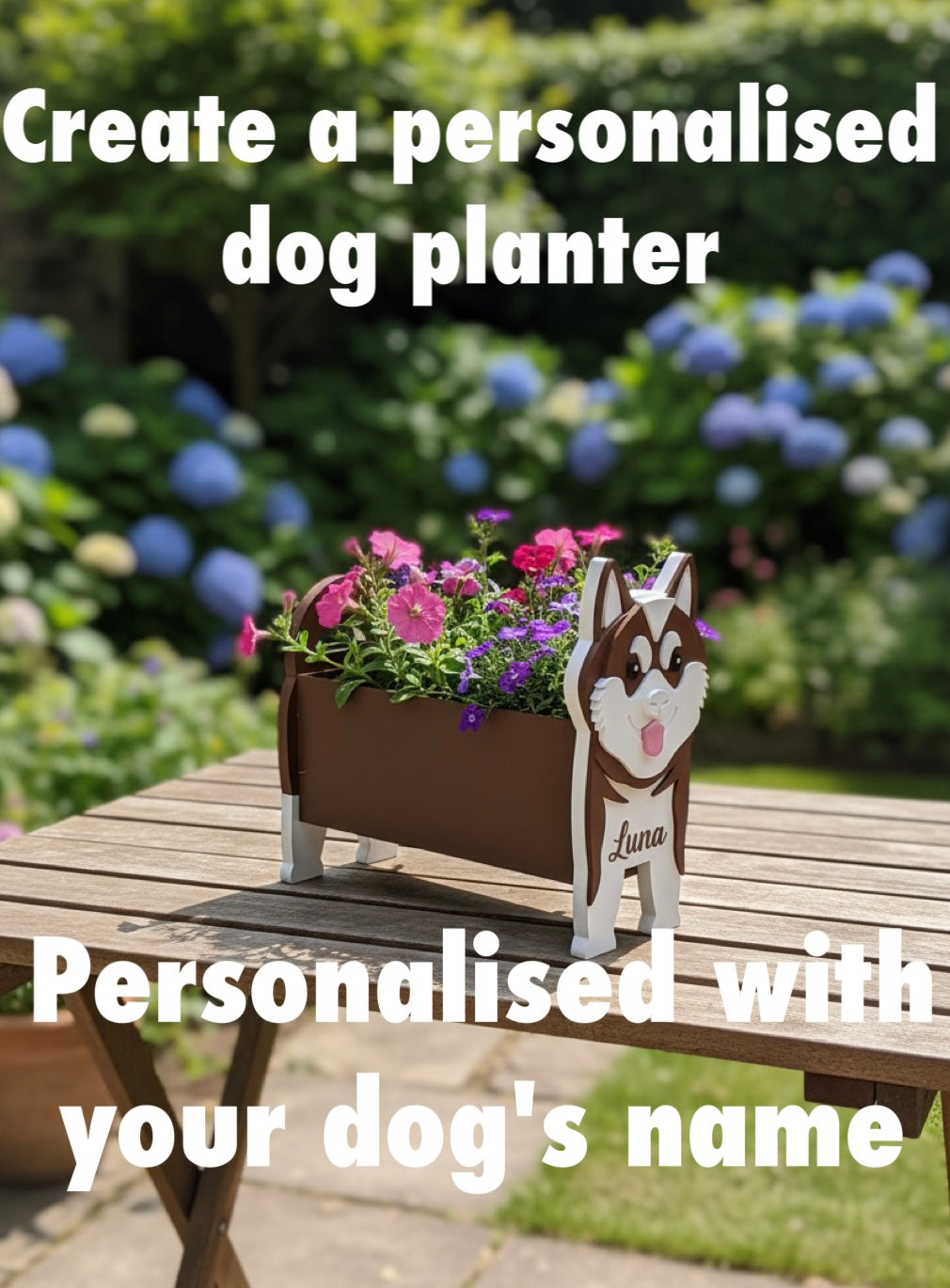 Akita 3D Printed Dog Planter. Akita dog planter with flowers on a wooden table outdoors
