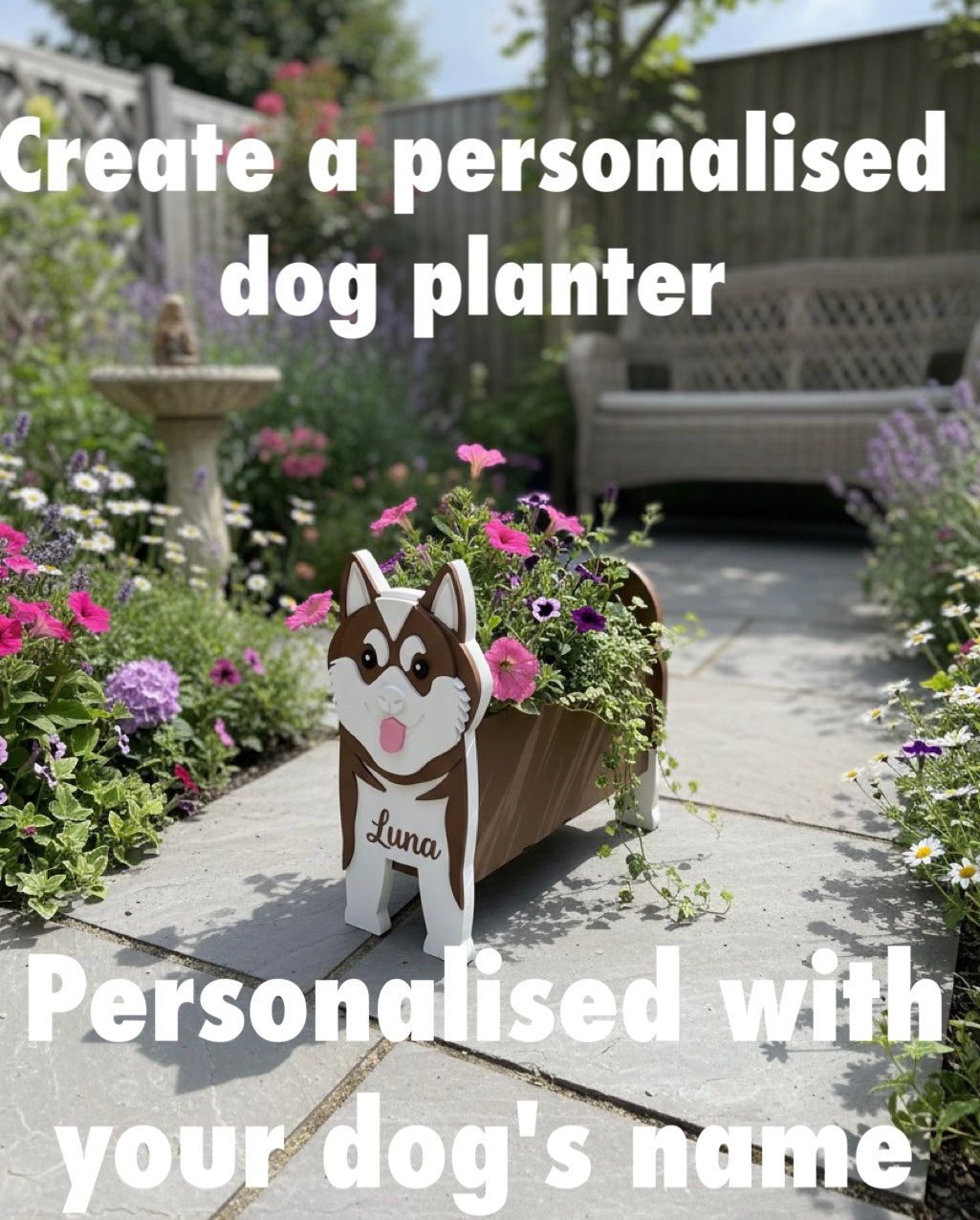 Akita 3D Printed Dog Planter. Personalised dog planter with a Akita dog design in a garden setting