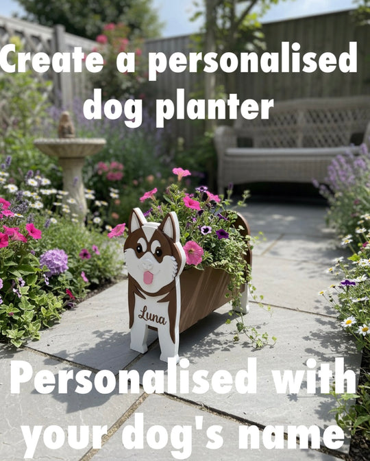 Akita 3D Printed Dog Planter. Personalised dog planter with a Akita dog design in a garden setting