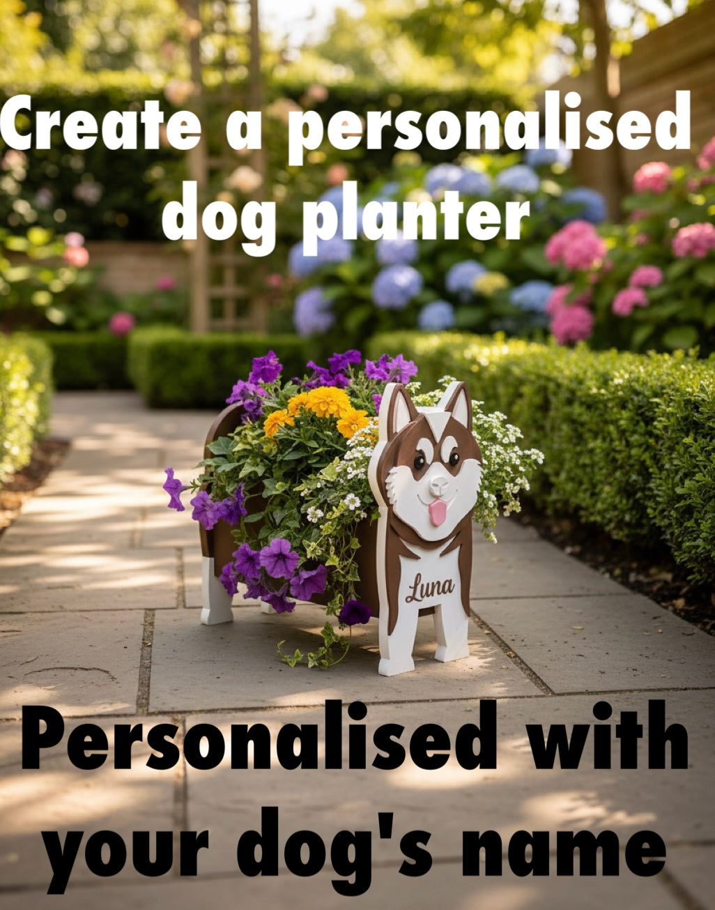 Akita 3D Printed Dog Planter. Personalised Akita dog planter with flowers on a garden path