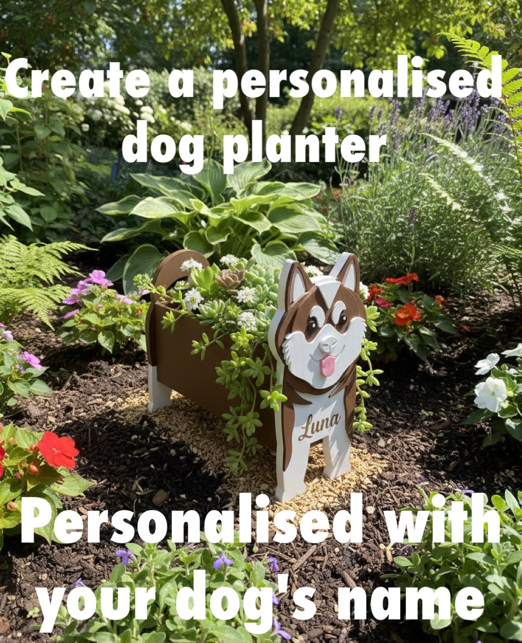 Akita 3D Printed Dog Planter. Personalised Akita dog planter with a dog design in a garden setting