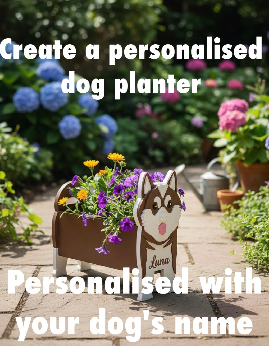 Akita 3D Printed Dog Planter. Personalised Akita dog planter with flowers in a garden setting