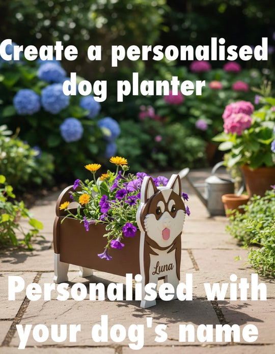 Akita 3D Printed Dog Planter. Personalised Akita dog planter with flowers in a garden setting