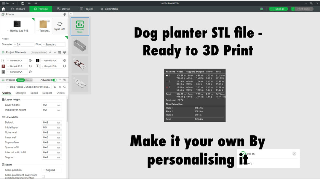 Akita Dog Planter STL File 3D Printing. Computer screen displaying a 3D printing software interface with text about a dog planter STL file.