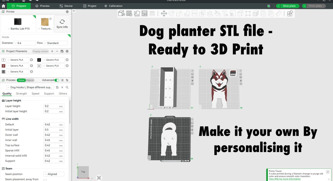 Akita Dog Planter STL File 3D Printing. 3D printing software interface with STL file previews and text about personalizing a dog planter.