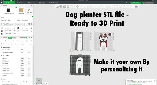 Akita Dog Planter STL File 3D Printing. 3D printing software interface with STL file previews and text about personalizing a dog planter.