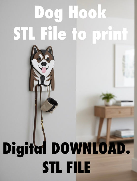 Akita Dog Face Hook STL File 3D Printing.  Akita Dog hook with leash holder on a wall in a room setting, with text about STL file availability.