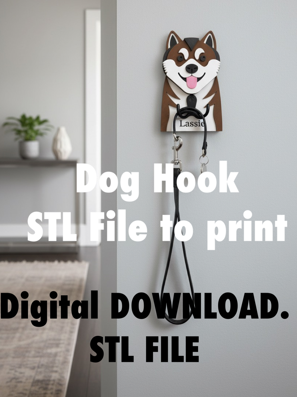 Akita Dog Face Hook STL File 3D Printing.  Akiita Dog hook with a dog design on a gray background