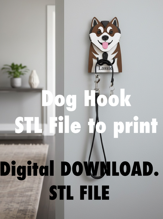 Akita Dog Face Hook STL File 3D Printing.  Akiita Dog hook with a dog design on a gray background