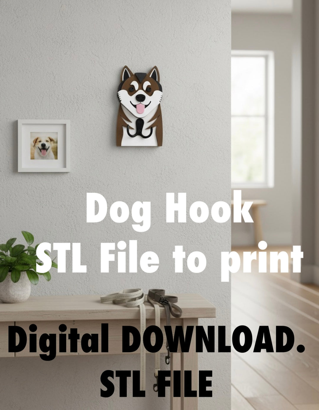 Akita Dog Face Hook STL File 3D PrintingAkita wall hook on a white wall with text about STL file digital download.