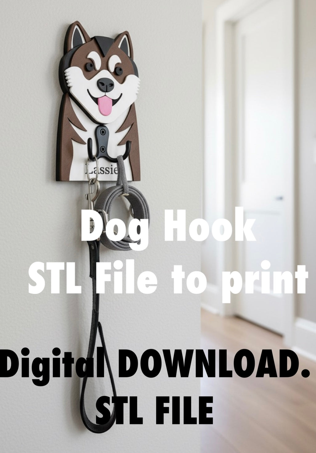 Akita Dog Face Hook STL File 3D Printing.  Akita Dog hook with leash holder on a white wall, digital download STL file text overlay