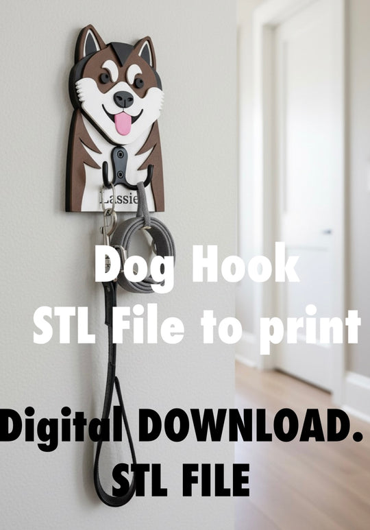 Akita Dog Face Hook STL File 3D Printing.  Akita Dog hook with leash holder on a white wall, digital download STL file text overlay