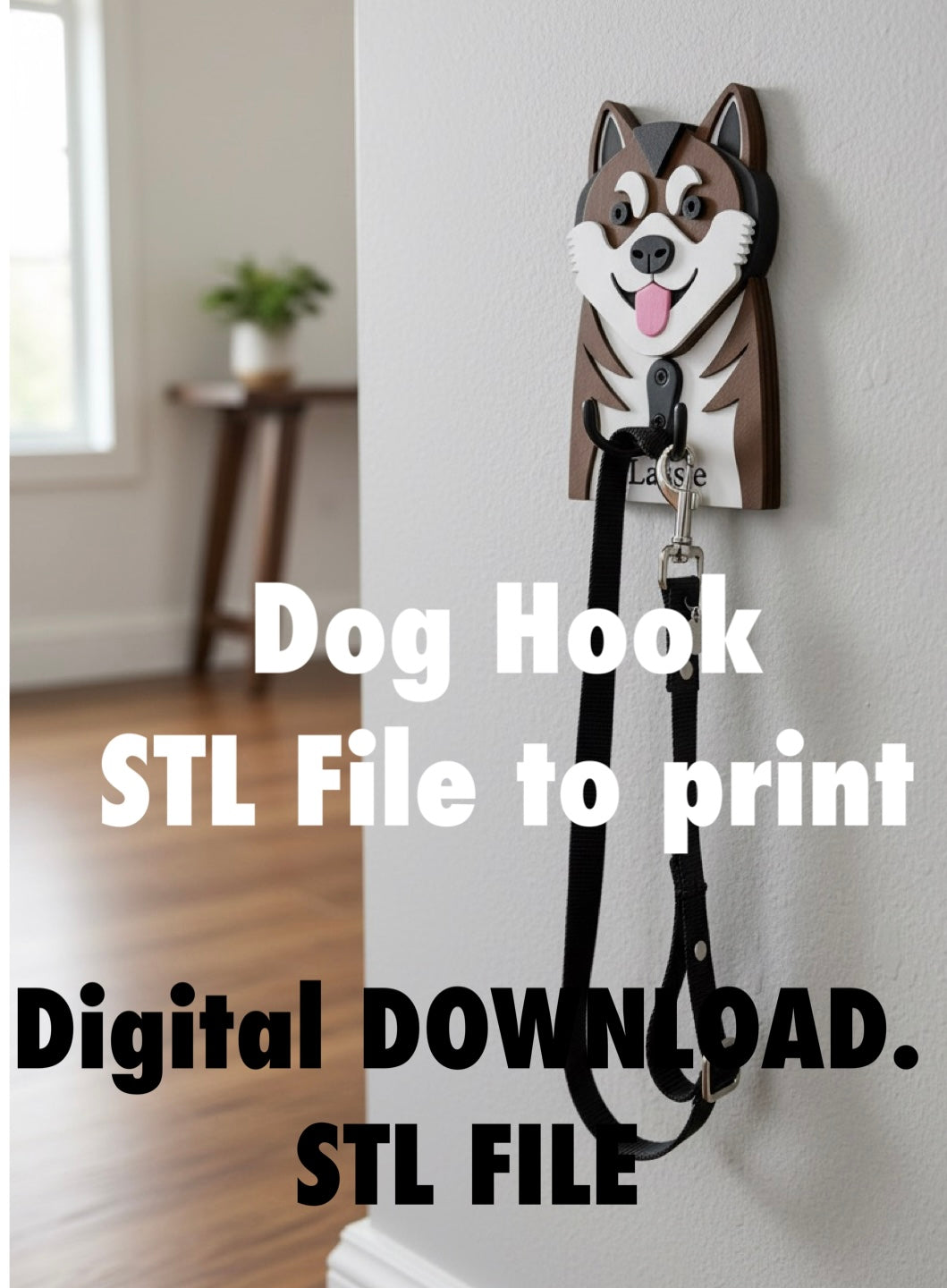Akita Dog Face Hook STL File 3D Printing.  Akita Dog hook with leash holder attached to a wall, with text about STL file digital download.