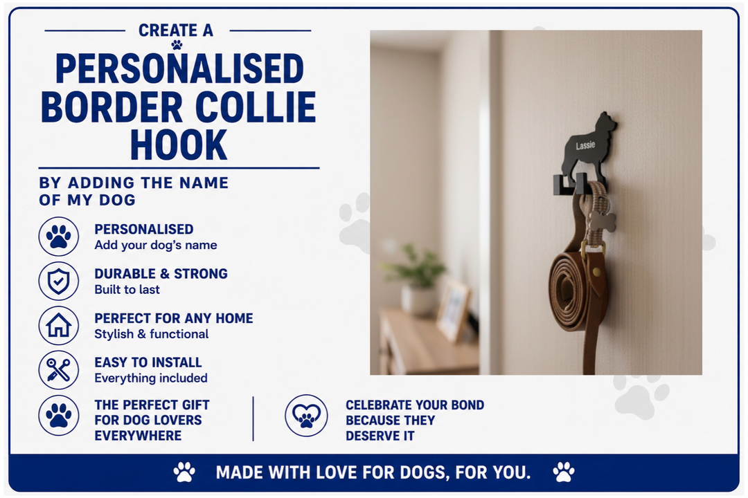 Advertisement for a personalized border collie hook with text and product image.