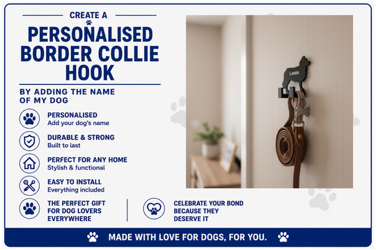 Advertisement for a personalized border collie hook with text and product image.
