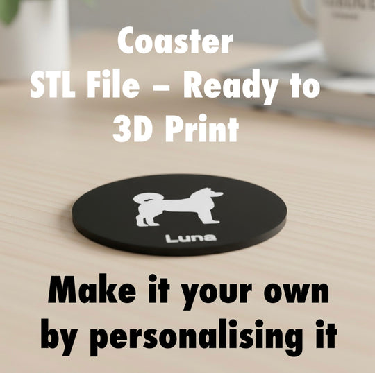 Akita STL File Bundle For 3D Printing. Akita Black coaster with a white dog silhouette and 'Luna' text on a wooden surface, with text about STL file availability for 3D printing.