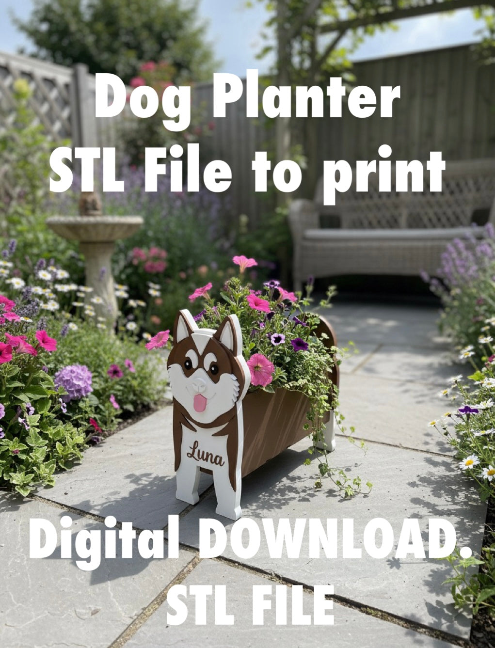 Akita STL File Bundle For 3D Printing Akita planter with flowers on a patio, text about STL file digital download.