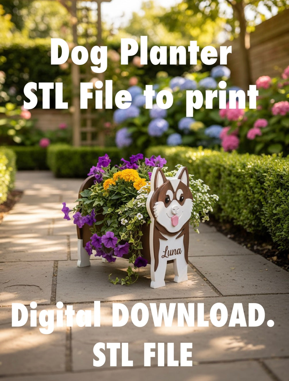 Akita STL File Bundle For 3D Printing. Akita planter with flowers on a patio, with text about STL file digital download.