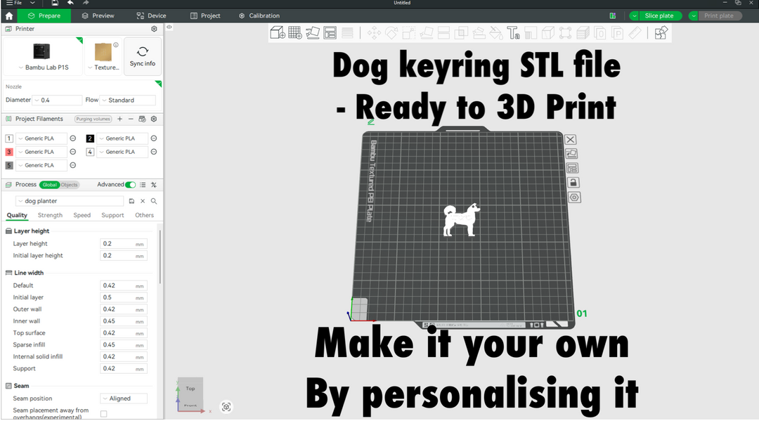 Akita Keyring  STL File 3D Printing. 3D printing software interface with a dog keyring design and text about STL file availability.