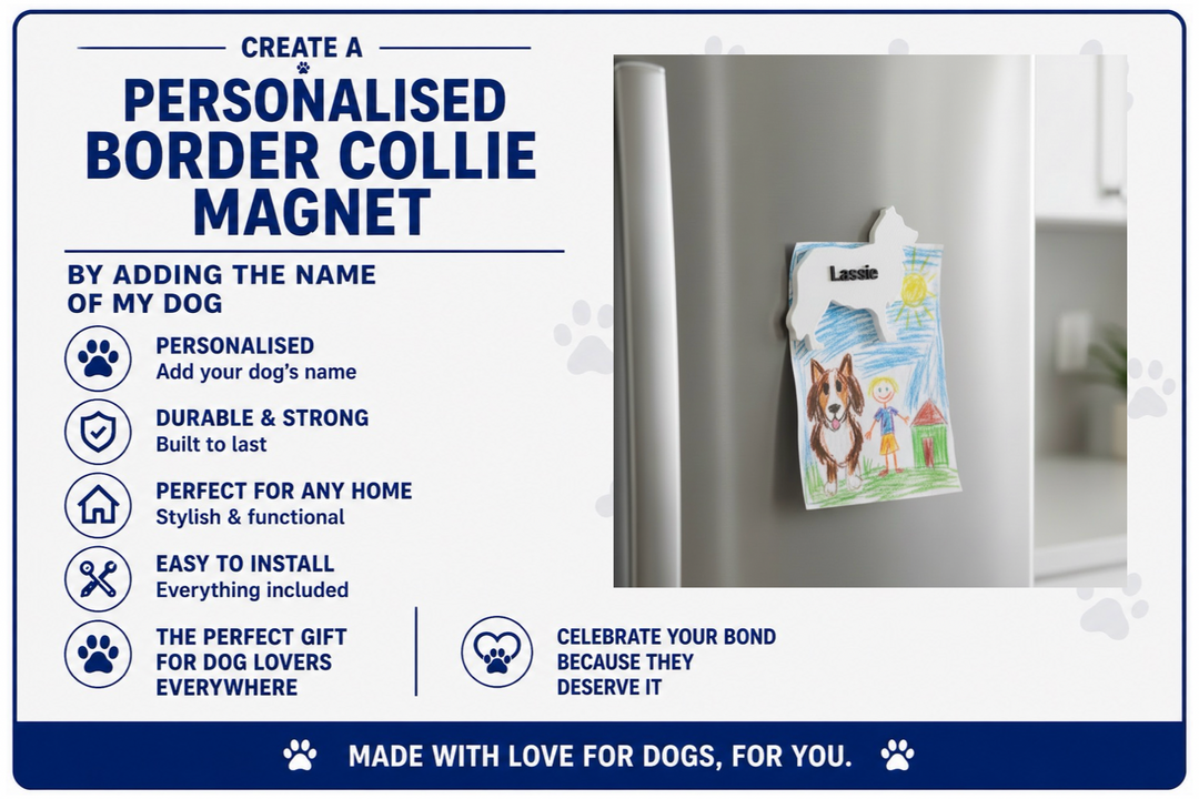 Advertisement for a personalized border collie magnet with a dog illustration on a refrigerator.
