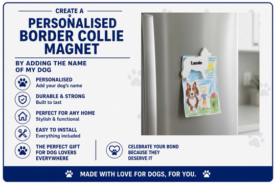 Advertisement for a personalized border collie magnet with a dog illustration on a refrigerator.
