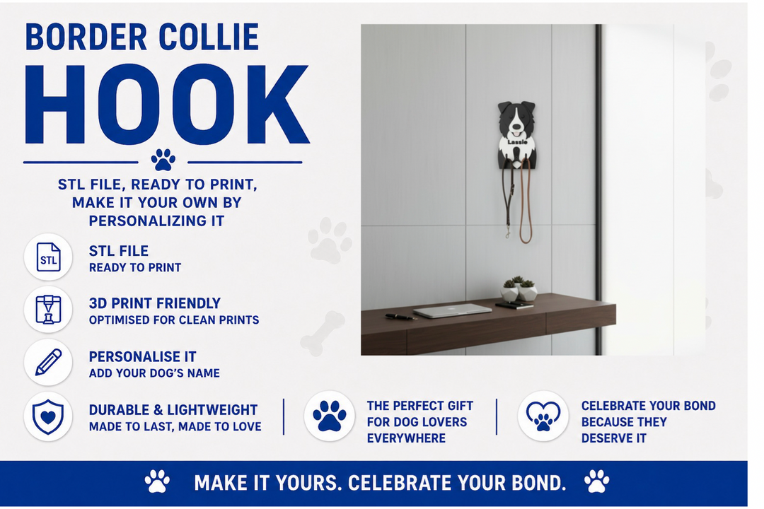 Advertisement for a Border Collie-themed hook with text about customization and product features.