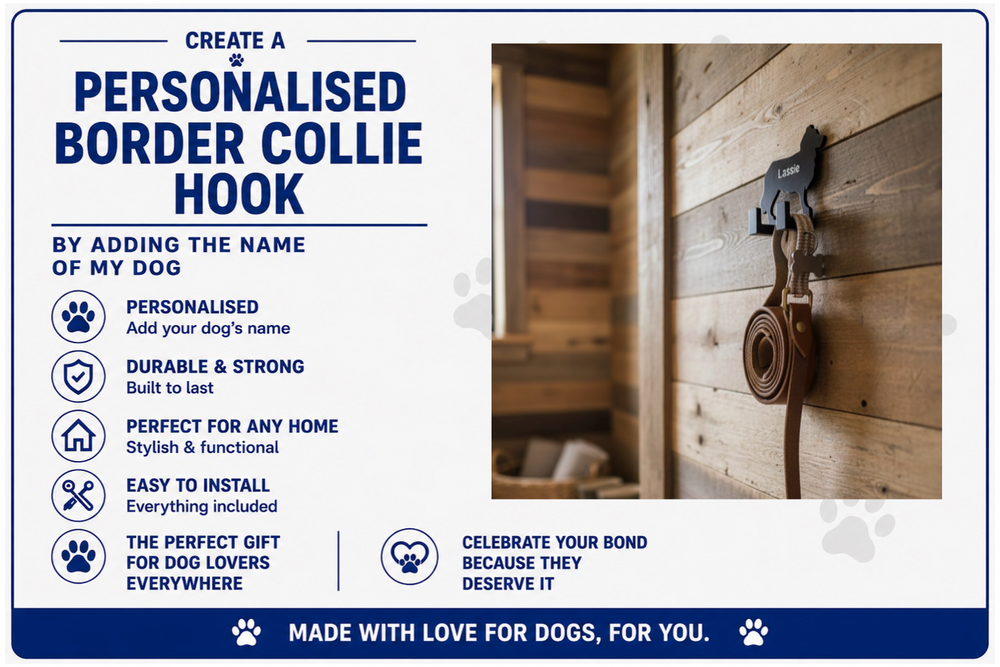 Advertisement for a personalised border collie hook with text and a product image on a wooden background.