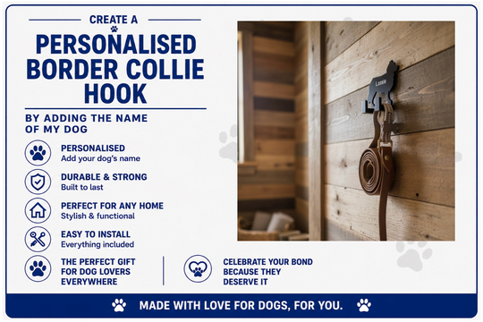 Advertisement for a personalised border collie hook with text and a product image on a wooden background.
