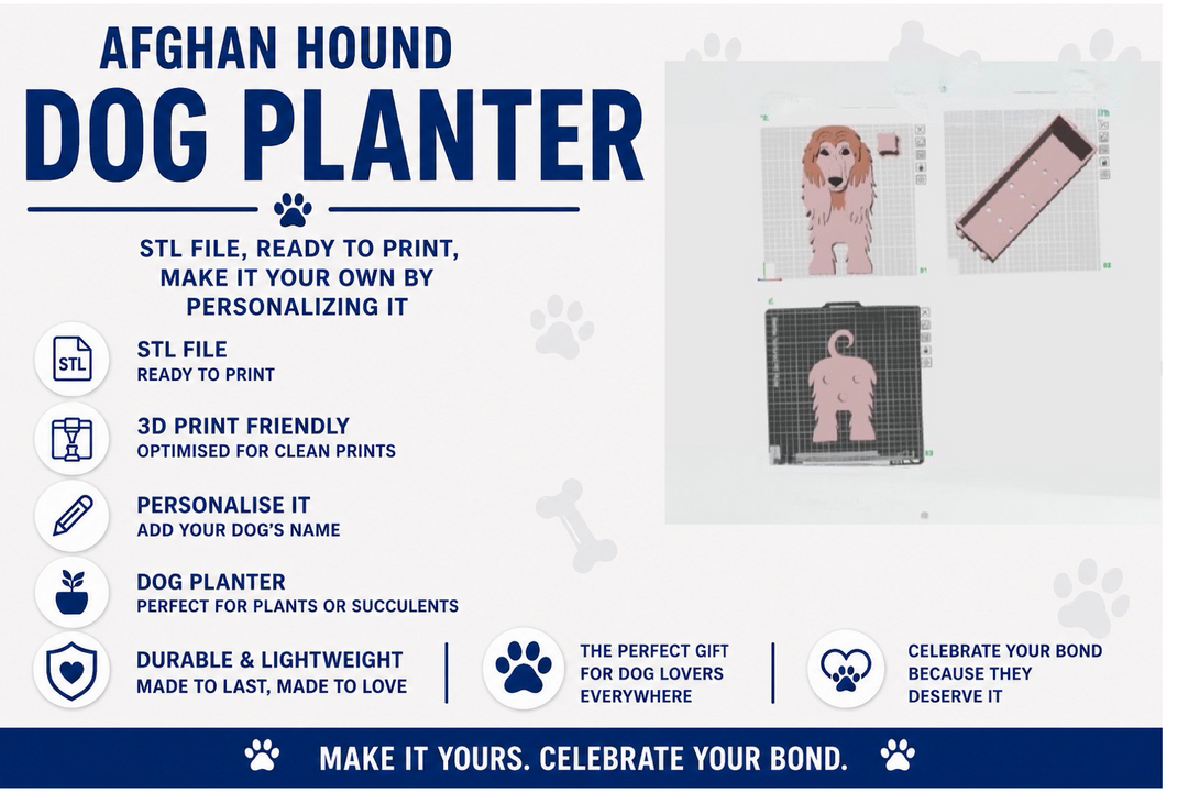 Dog planter packaging with text and images of a dog and a plant on a white background.