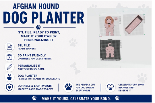 Dog planter packaging with text and images of a dog and a plant on a white background.