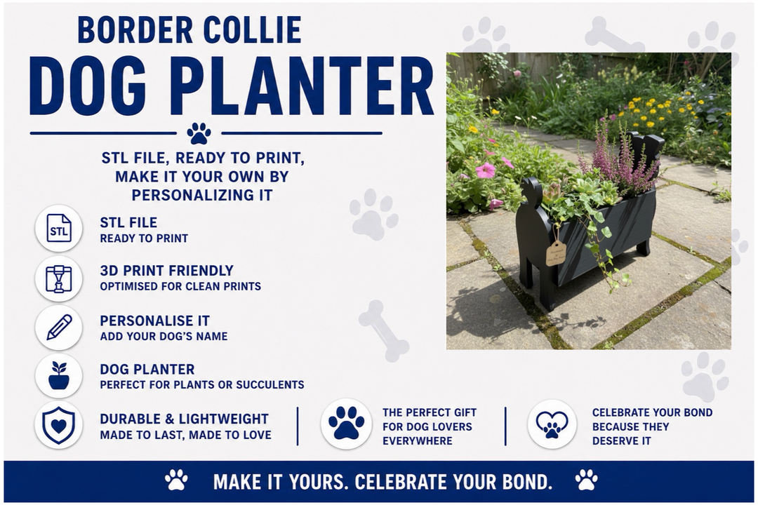Advertisement for a Border Collie dog planter with text and a photo of the planter.