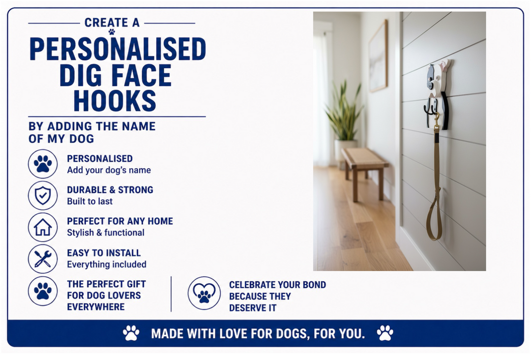 Advertisement for personalized dog face hooks with text and a photo of a hook on a wall.
