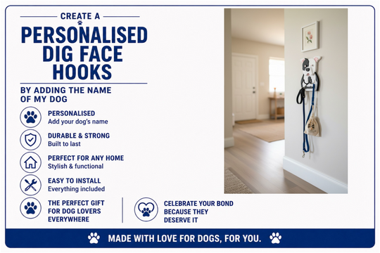 Advertisement for personalized dog face hooks with text and a photo of hooks on a wall.
