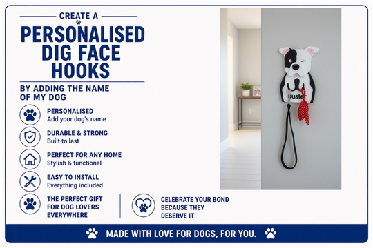 Personalised dog face hook with text detailing features and benefits on a white background.